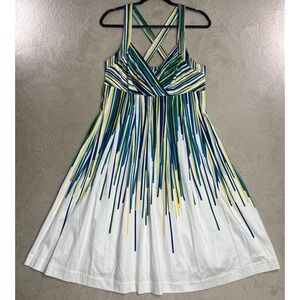 Calvin Klein Sun Dress Womens 14 White Multicolor Drip Stripe Empire Fit Flare